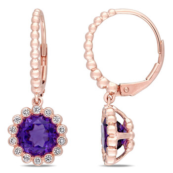 Bông tai Amour 14K Rose Gold 2 1/2 Ct Tgw African Amethyst And 1/3 Ct Tdw Diamond Halo Scalloped Earrings