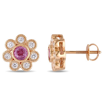 Amour 14K Rose Gold 4/5 Ct Tw Diamond And Pink Sapphire Flower Stud Earrings 2 Bông tai Amour 14K Rose Gold 4/5 Ct Tw Diamond And Pink Sapphire Flower Stud Earrings
