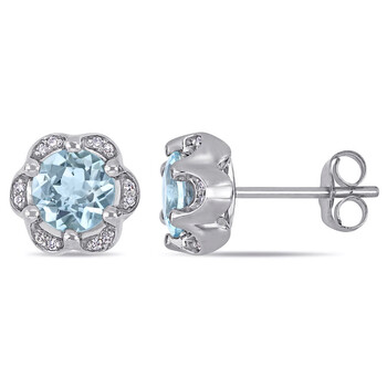 Bông tai Amour 14K White Gold 0.07 Ct Diamond And 1 1/2 Ct Aquamarine Stud Earrings