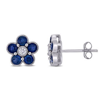 Bông tai Amour 14K White Gold 1/10 Ct Diamond And 1 1/3 Ct Sapphire Stud Earrings