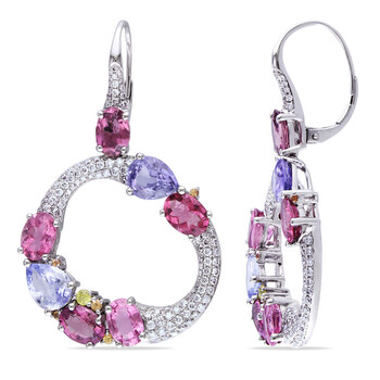 Amour 14K White Gold 14 1/5 Ct Tgw Sapphire, Yellow Sapphire And Pink Tourmaline W/ 1 1/2 Ct Tdw Diamond Leverback Earrings 1 Bông tai Amour 14K White Gold 14 1/5 Ct Tgw Sapphire