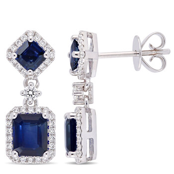 Bông tai Amour 14K White Gold 2 3/8 Ct Tgw Blue Sapphire And 3/8 Ct Tw Diamond Dangle Halo Earrings