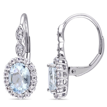 Amour 14K White Gold 2 Ct Tgw Aquamarine, White Topaz And 0.04 Ct Tdw Diamond Accent Vintage Leverback Earrings 2 Bông tai Amour 14K White Gold 2 Ct Tgw Aquamarine