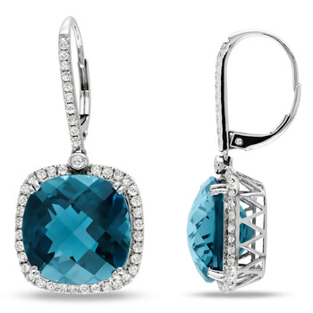 Amour 14K White Gold 24 1/2 Ct Tgw London Blue Topaz And 7/8 Ct Tdw Diamond Halo Leverback Earrings 2 Bông tai Amour 14K White Gold 24 1/2 Ct Tgw London Blue Topaz And 7/8 Ct Tdw Diamond Halo Leverback Earrings