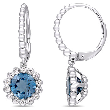 Amour 14K White Gold 3 1/6 Ct Tgw London Blue Topaz And 1/3 Ct Tdw Diamond Halo Scalloped Earrings 2 Bông tai Amour 14K White Gold 3 1/6 Ct Tgw London Blue Topaz And 1/3 Ct Tdw Diamond Halo Scalloped Earrings