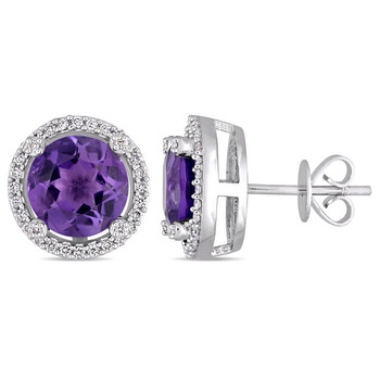 Amour 14K White Gold 3 3/4 Ct Tgw African Amethyst And 1/4 Ct Tdw Diamond Halo Stud Earrings 2 Bông tai Amour 14K White Gold 3 3/4 Ct Tgw African Amethyst And 1/4 Ct Tdw Diamond Halo Stud Earrings