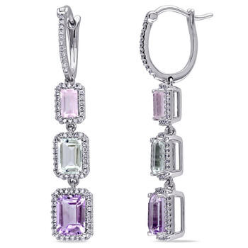 Amour 14K White Gold 3 3/8 Ct Tgw Rose Quartz, Green Amethyst And Rose De France And 1/2 Ct Tdw Diamond Graduated Drop Earrings 2 Bông tai Amour 14K White Gold 3 3/8 Ct Tgw Rose Quartz