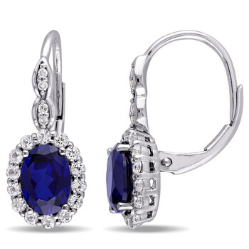 Amour 14K White Gold 3 3/8 Oval Shape Created Blue Sapphire, White Topaz And 0.04 Ct Tdw Diamond Accent Vintage Leverback Earrings 1 Bông tai Amour 14K White Gold 3 3/8 Oval Shape Created Blue Sapphire