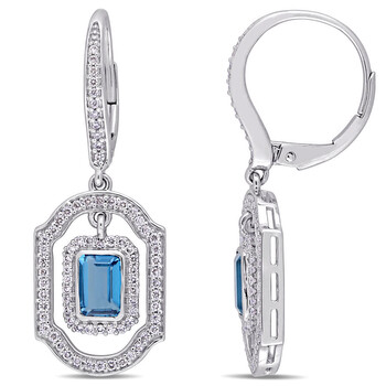 Bông tai Amour 14K White Gold 3/5 Ct Tw Diamond And 1 3/8 Ct Tgw London Blue Topaz Leverback Dangle Earrings