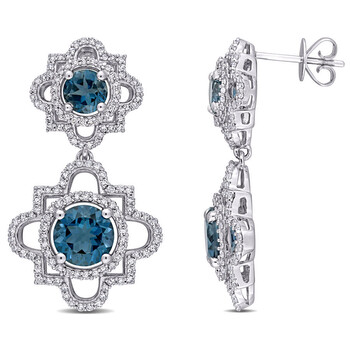 Amour 14K White Gold 4 1/3 Ct Tgw London Blue Topaz And 1 Ct Tw Diamond Quaterfoil Drop Earrings 1 Bông tai Amour 14K White Gold 4 1/3 Ct Tgw London Blue Topaz And 1 Ct Tw Diamond Quaterfoil Drop Earrings