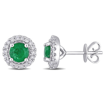 Bông tai Amour 14K White Gold 4/5 Ct Tgw Emerald And 1/3 Ct Tdw Diamond Halo Earrings