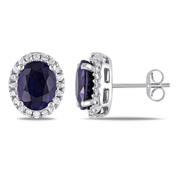 Bông tai Amour 14K White Gold 5 1/3 Ct Tgw Oval Diffused Sapphire And 3/8 Ct Tw Diamond Halo Earrings