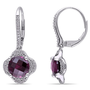 Bông tai Amour 14K White Gold 5 1/6 Ct Tgw Rhodolite And 1/3 Ct Tdw Diamond Leverback Earrings