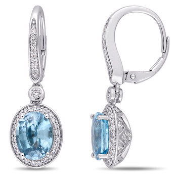 Bông tai Amour 14K White Gold 5 2/5 Ct Tgw Blue Zircon And 3/4 Ct Tdw Diamond Halo Dangle Leverback Earrings