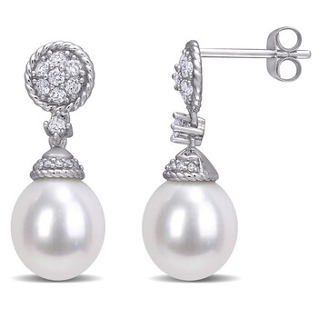 Bông tai Amour 14K White Gold Cultured Freshwater Pearl And 1/3 Ct Tdw Diamond Drop Earrings