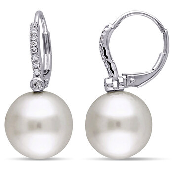 Bông tai Amour 14K White Gold South Sea Cultured Pearl And 1/8 Ct Tdw Diamond Leverback Earrings