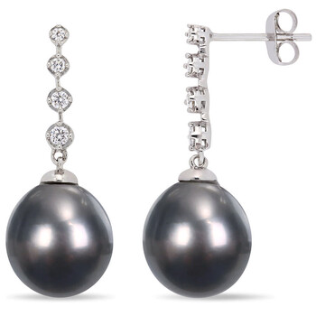 Amour 14K White Gold Tahitian Cultured Black Pearl And 1/6 Ct Tdw Diamond Dangle Earrings 1 Bông tai Amour 14K White Gold Tahitian Cultured Black Pearl And 1/6 Ct Tdw Diamond Dangle Earrings