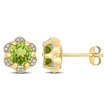 Bông tai Amour 14K Yellow Gold 1 4/5 Ct Tgw Peridot And 0.07 Ct Tdw Diamond Accent Flower Stud Earrings