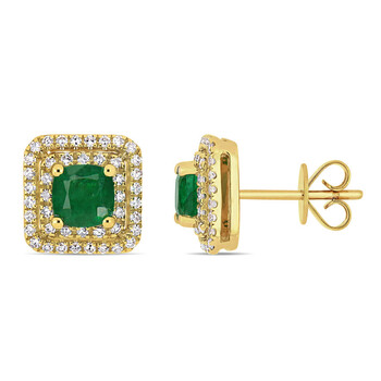 Bông tai Amour 14K Yellow Gold 1 Ct Tgw Emerald And 2/5 Ct Tw Diamond Square Halo Post Stud Earrings