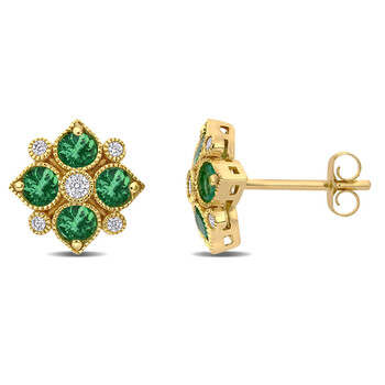 Amour 14K Yellow Gold 3/4 Ct Tgw Emerald And 1/8 Ct Tw Diamond Floral Stud Earrings 1 Bông tai Amour 14K Yellow Gold 3/4 Ct Tgw Emerald And 1/8 Ct Tw Diamond Floral Stud Earrings