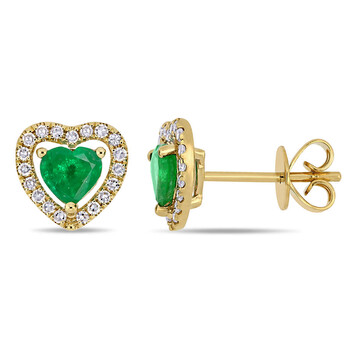 Bông tai Amour 14K Yellow Gold 5/8 Ct Tgw Emerald And 1/5 Ct Tw Diamond Heart Halo Stud Earrings