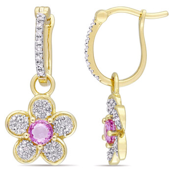 Bông tai Amour 14K Yellow Gold 5/8 Ct Tgw Pink Sapphire & 1/4 Ct Tdw Diamond Floral Dangle Earrings