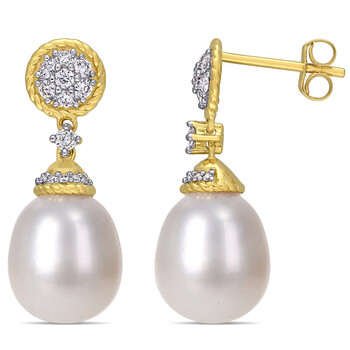 Bông tai Amour 14K Yellow Gold Cultured Freshwater Pearl And 1/3 Ct Tdw Diamond Drop Earrings