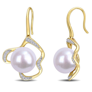 Bông tai Amour 14K Yellow Gold Cultured Freshwater White Pearl And 1/6 Ct Tdw Diamond Asymmetrical Drop Earrings