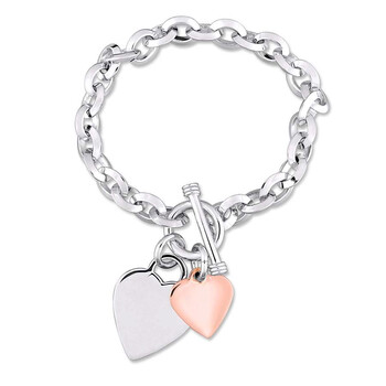Vòng tay Amour Oval Link Bracelet With Double Heart Charm And Toggle Clasp In 2-Tone Rose And White Sterling Silver Jms004854 chính hãng
