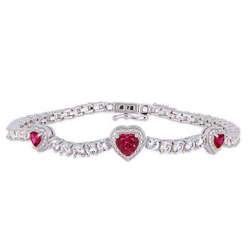 Vòng tay Amour 8-2/5 Ct Tgw Created Ruby And Created White Sapphire Stationed Triple Halo Heart Tennis Bracelet In Sterling Silver Jms005224 chính hãng