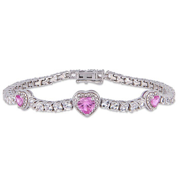 Vòng tay Amour 8-3/8 Ct Tgw Created Pink Sapphire And Created White Sapphire Stationed Triple Halo Heart Tennis Bracelet In Sterling Silver Jms005254 chính hãng