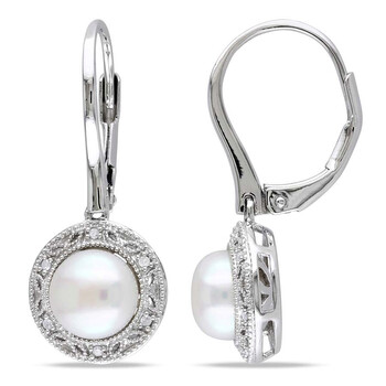 Bông tai Amour 0.05 Ct Diamond Tw 7.5 - 8 Mm White Freshwater Cultured Pearl Earrings Jms003178