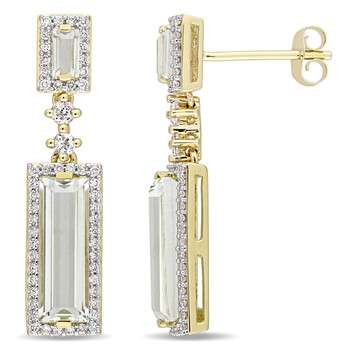 Bông tai Amour 3 3/8 Ct Tgw Baguette Cut Green Amethyst And 1/3 Ct Tw Diamond Halo Drop Earrings In 14K Yellow Gold Jms004526