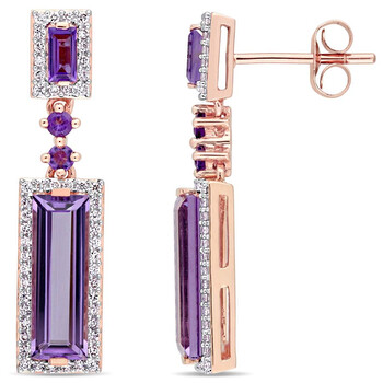 Bông tai Amour 3 3/8 Ct Tgw Baguette Cut African Amethyst And 1/3 Ct Tw Diamond Halo Drop Earrings In 14K Rose Gold Jms004527