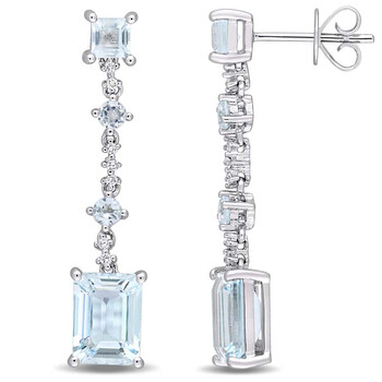 Bông tai Amour 5 3/8 Ct Tgw Blue Topaz And Diamond Accent Geometric Drop Earrings In 14K White Gold Jms004532
