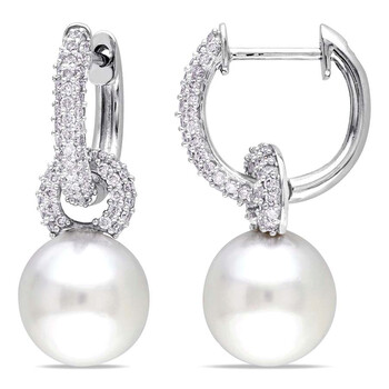 Bông tai Amour 9 - 9.5 Mm South Sea Cultured Pearl And 1/2 Ct Tw Diamond Hinged Hoop Link Earrings In 14K White Gold Jms004815