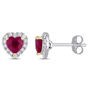 Bông tai Amour Heart Shape Ruby And 1/3 Ct Tw Diamond Halo Stud Earrings In 14K White Gold With Yellow Gold Prongs Jms004850