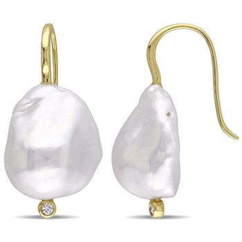 Bông tai Amour 14-14.5 Mm Cultured Freshwater Baroque Pearl And Diamond Hook Earrings In 14K Yellow Gold Jms004906