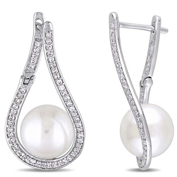 Bông tai Amour 9 - 9.5 Mm Cultured Freshwater Pearl And 1/3 Ct Tw Diamond Tear Drop Earrings In 14K White Gold Jms004925