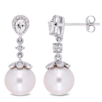 Bông tai Amour 9-9.5 Mm Cultured Freshwater Pearl And 3/4 Ct Tgw White Topaz Dangle Earrings In 10K White Gold Jms004982