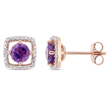 Bông tai Amour 4/5 Ct Tgw Amethyst And Diamond Halo Square Stud Earrings In 10K Rose Gold Jms005010