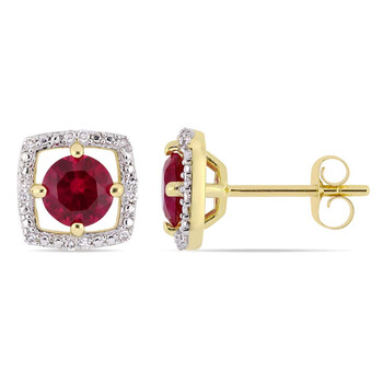 Bông tai Amour 1 1/6 Ct Tgw Created Ruby And Diamond Accent Square Stud Earrings In 10K Yellow Gold Jms005012