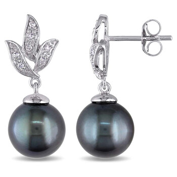 Bông tai Amour 10K White Gold 9-9.5 Mm Tahitian Black Pearl And 1/10 Ct Tdw Diamond Dangle Earrings