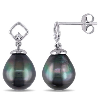 Amour 10K White Gold 8-8.5 Mm Tahitian Black Pearl And 0.02 Ct Tdw Diamond Ear Pin Earrings 2 Bông tai Amour 10K White Gold 8-8.5 Mm Tahitian Black Pearl And 0.02 Ct Tdw Diamond Ear Pin Earrings