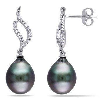 Bông tai Amour 10K White Gold 9-9.5 Mm Tahitian Black Pearl And 1/10 Ct Tdw Diamond Dangle Earrings