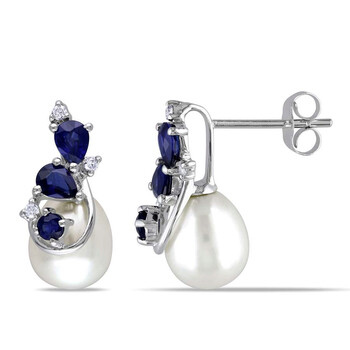 Amour 10K White Gold Fw White Pearl And 4/5Ct Tgw Sapphire With 0.06Ct Tdw Diamond Ear Pin Earrings 2 Bông tai Amour 10K White Gold Fw White Pearl And 4/5Ct Tgw Sapphire With 0.06Ct Tdw Diamond Ear Pin Earrings