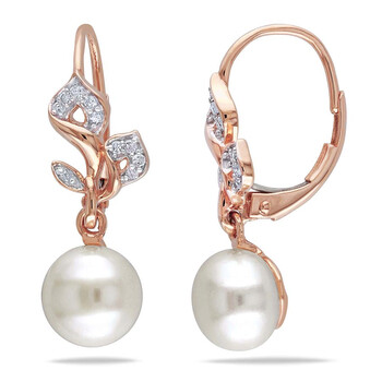 Bông tai Amour 10K Rose Gold 7.5-8 Mm Freshwater Cultured White Pearl And 1/10 Ct Tdw Diamond Dangle Earrings