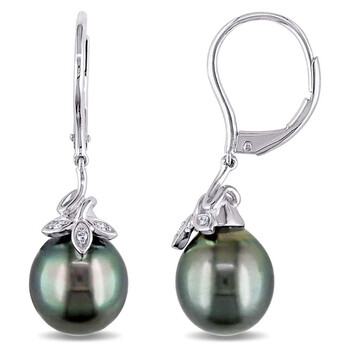 Bông tai Amour 10K White Gold 9-10Mm Tahitian Black Pearl And 0.03 Ct Tdw Diamond Dangle Earrings