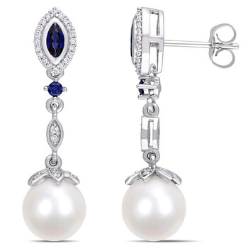Bông tai Amour 10K White Gold 8.5-9 Mm Fw White Pearl And 1/5 Ct Tdw Diamond With 1/3 Ct Tgw Created Blue Sapphire Dangle Earrings
