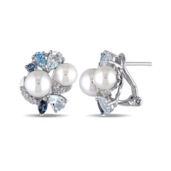 Bông tai Amour 3 1/2 Ct Tgw Created White Sapphire Blue Topaz - Sky Blue Topaz - London Blue Topaz - Swiss And White Freshwater Cultured Pearl Ear Pin Earrings Silv